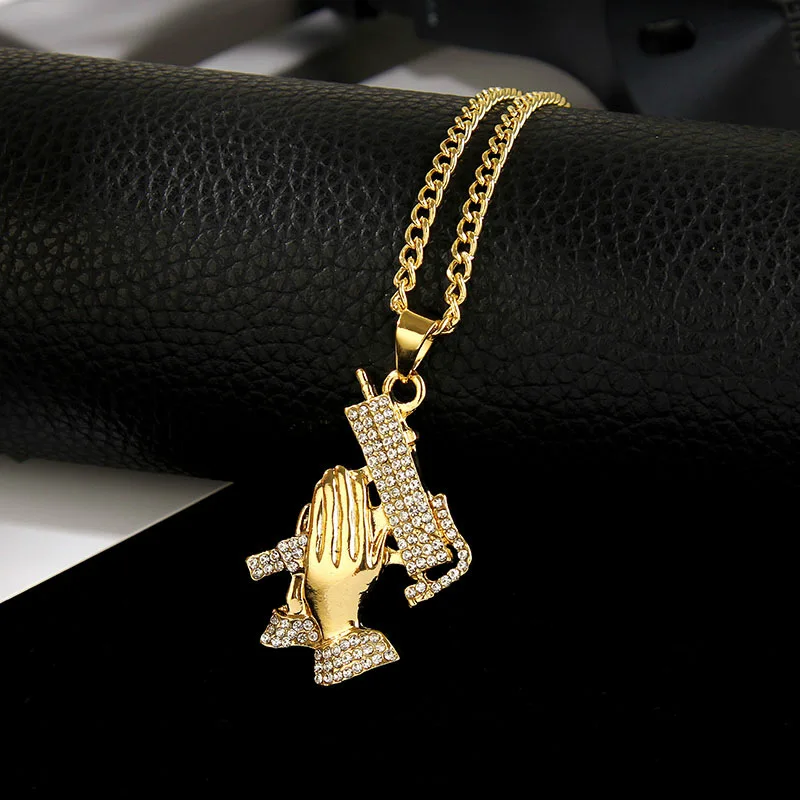 

Popular hip hop praying hand gun pendant necklace ladies men's rhinestone pistol necklace and pendant unisex hip hop jewelry