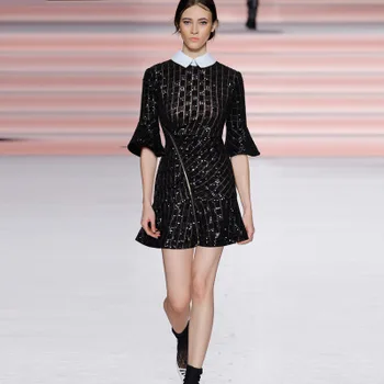

High-end Black Sequined Turn-down Collar Flare Sleeve Short Party Dresses Women 2018 Spring self portrait dress