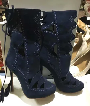 

Ladies Dark Blue Suede Sutured Side Cut Out Summer Boots Back Fringed Lace Up Ankle Boots Thin High Heels Gladiator Bottine