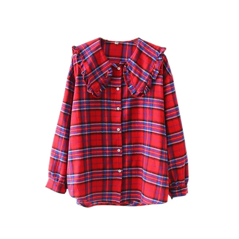 Женские повседневные топы в стиле ретро; летние рубашки в клетку с принтом; блузка с длинными рукавами; футболки с отворотами - Цвет: Красный