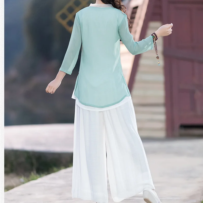 Весенний комплект из двух предметов для женщин, шифоновые топы с ручной росписью+ льняные широкие брюки, костюмы, комплекты из 2 предметов, китайская одежда
