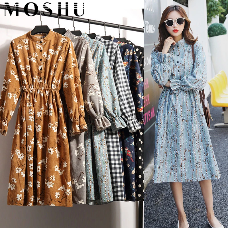 Goedkoop Vintage Corduroy A lijn Stijl Jurk Vrouwen Volledige Mouw Hoge Elastische Taille Bloem Plaid Print Slim Tuniek Jurken 19 Kleuren Vestido