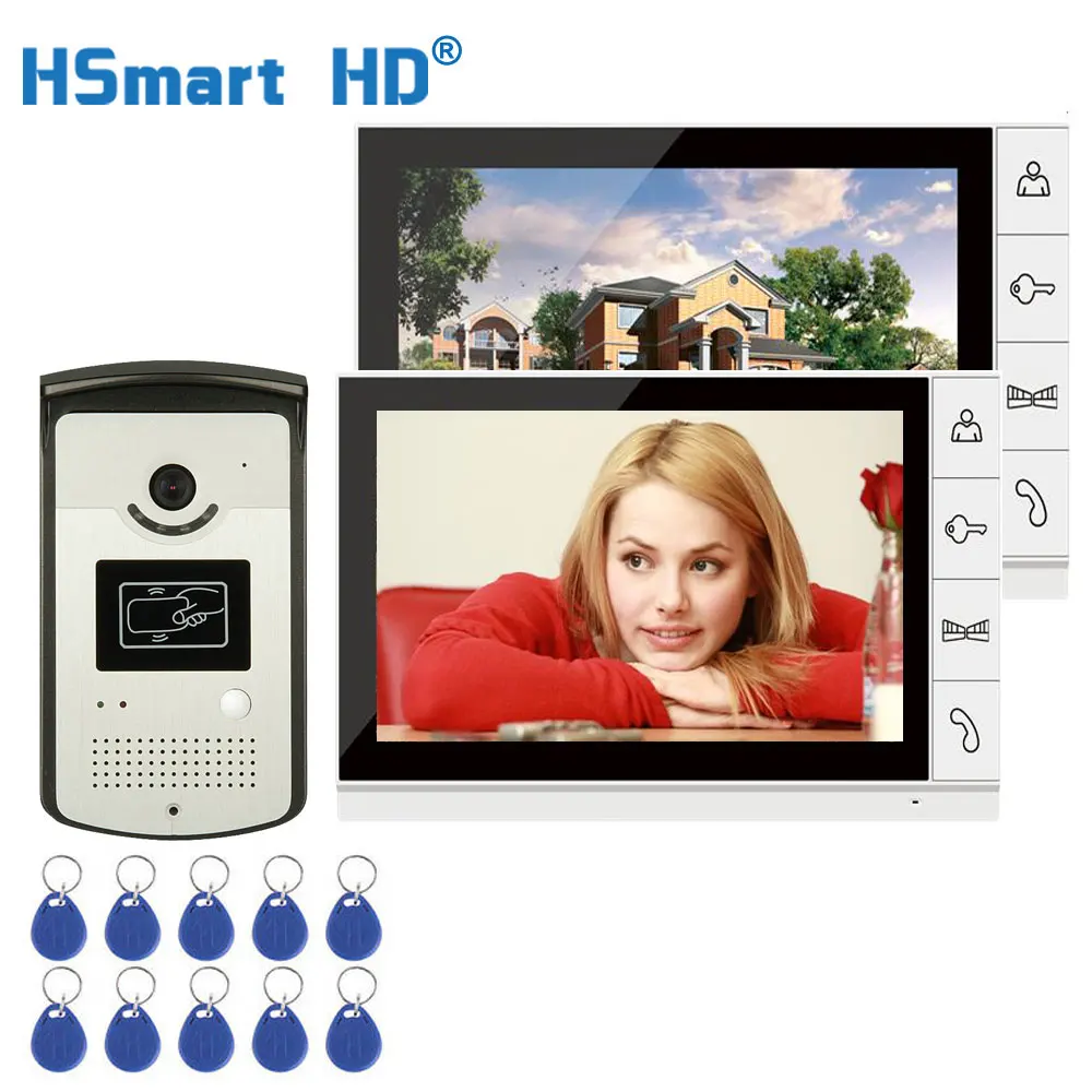 Wired 9\ Video Door Phone Video Intercom Doorbell System 2 Monitor 1 RFID With Waterproof Outdoor IR Camera