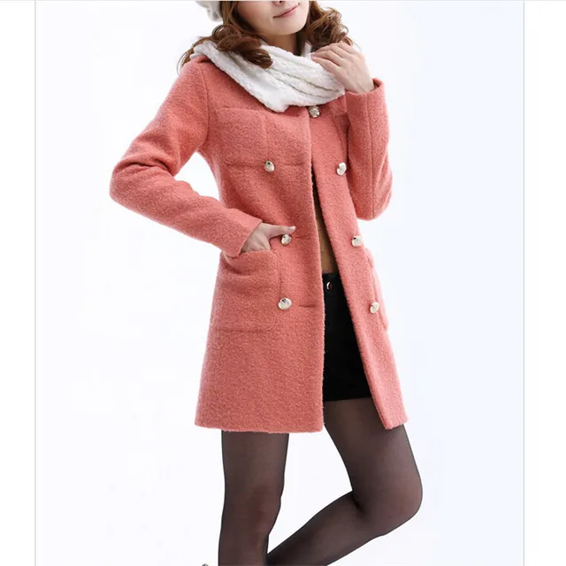 Wool Blend Women Casual Double Breasted Wool 3/4 Length Pea Coat Orange Black Solid Color Warm 