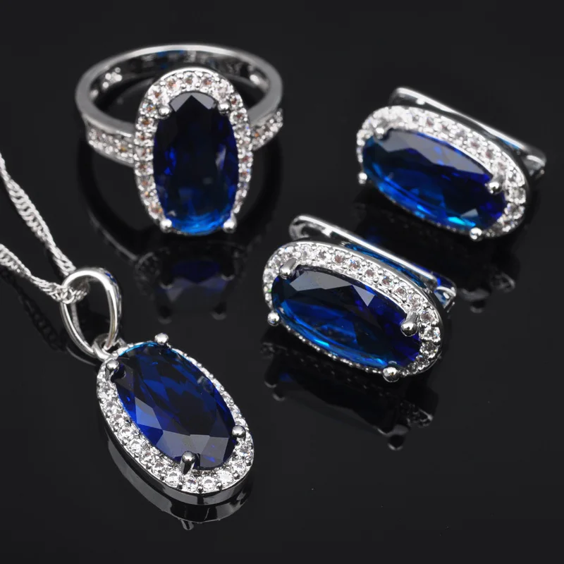 

2019 New Women's Blue Stone Zirconia 925 Sterling Silver Jewelry Sets Earrings Pendant Necklace Rings Free Shipping QZ0167