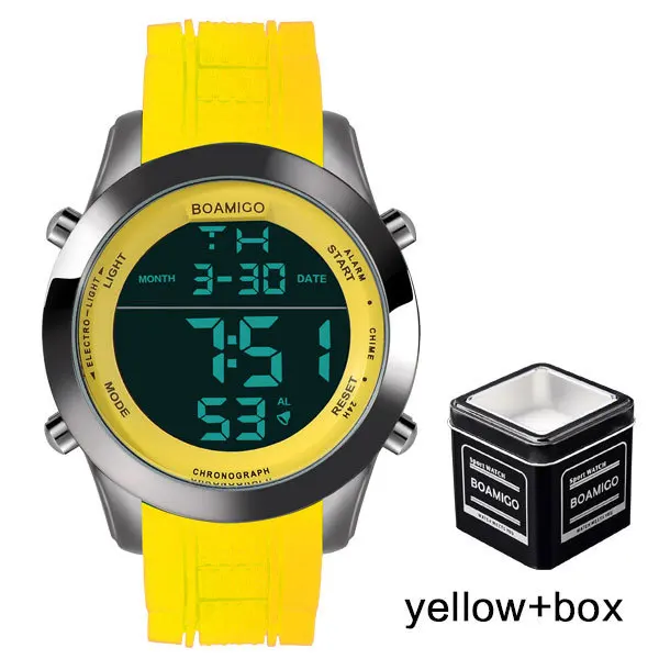yellow with box BOAMIGO, большие цифровые часы, мужские модные водонепроницаемые часы, мужские резиновые электронные наручные часы, светодиодный спортивный шок, подарок, часы - Цвет: yellow with box
