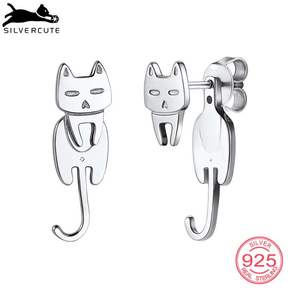 

SILVERCUTE Authentic 925 Sterling Silver Cat Stud Earrings For Women Girls Fine Jewelry Tiny Cute Animal Kitten Earring SCE6031B