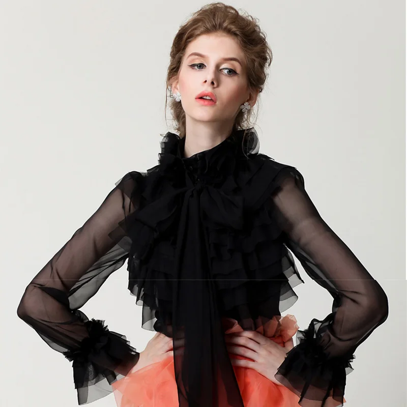 12 Color Women Tops 2019 Summer Solid Blouse Transparent Shirt Lace Long Sleeve Casual Turtleneck Sexy Black Designer Ruffle