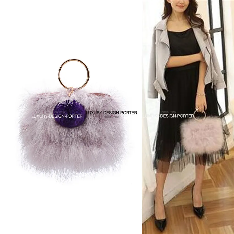 

Designer Fluffy Feather O Ring Clutch Genuine Fur Leather bag purse runway bag