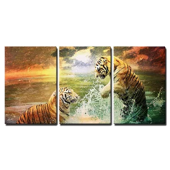 

3 Piece Canvas Wall Art - Tiger and Tigress Playing in The Sea Printed On Canvas Wall Decor Drop shipping