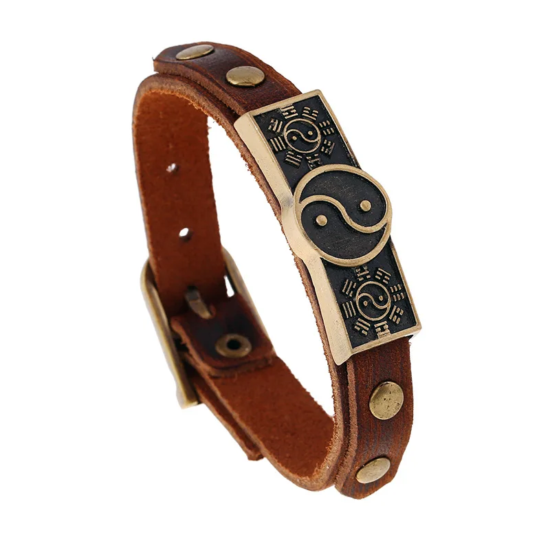 Taiji Yin Yang Bracelet Real Cow Leather Cuff Wrap Bangles Men's Belt Buckle Bracelet Hand Jewelry Couple Distance Bracelet Male