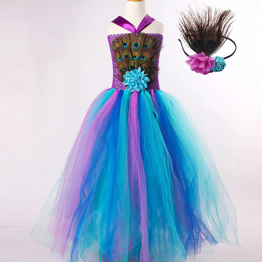 Платье-пачка с павлиньими перьями для девочек детское платье с павлиньими перьями, аксессуары для волос на Хеллоуин, Карнавальный костюм для свадебного торжества наряд для вечеринок - Цвет: peacock