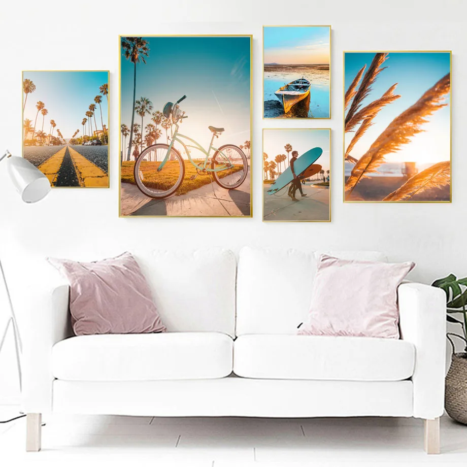 Sun Beach Coconut Tree Ship Landscape Wall Art Canvas Painting Nordic Posters And Prints Wall Pictures For Living Room Decor