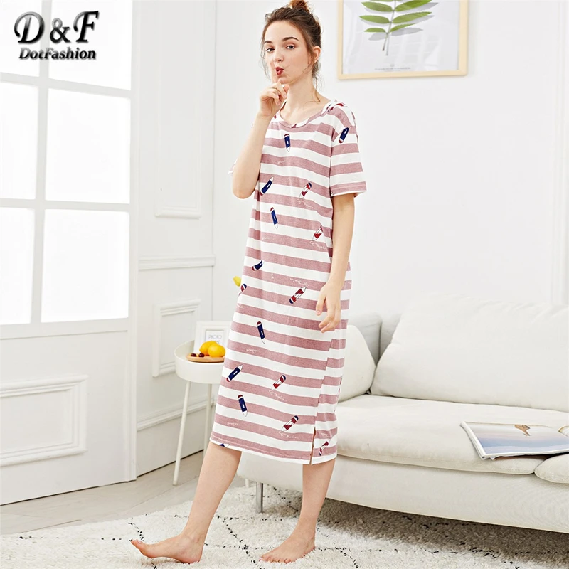 

Dotfashion Cartoon Pencil Print Striped Split Night Dresses Women 2019 New Short Sleeve Cute Sleepwear Summer Casual Loungewear