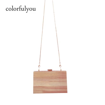 

New 2019 Ladies Wood Shoulder Messenger Bag Simple Style Evening Clutch Bag Metal Hasp Weeding Party Handbag Solid Wood Wallets