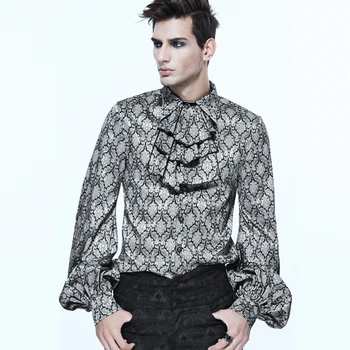 Steampunk Men Long Sleeve Printed Tie Shirts Punk Chiffon Shirt Blouse Party Cotton Noble Fancy Blouse Tops grey self tie design bell sleeves chiffon blouse