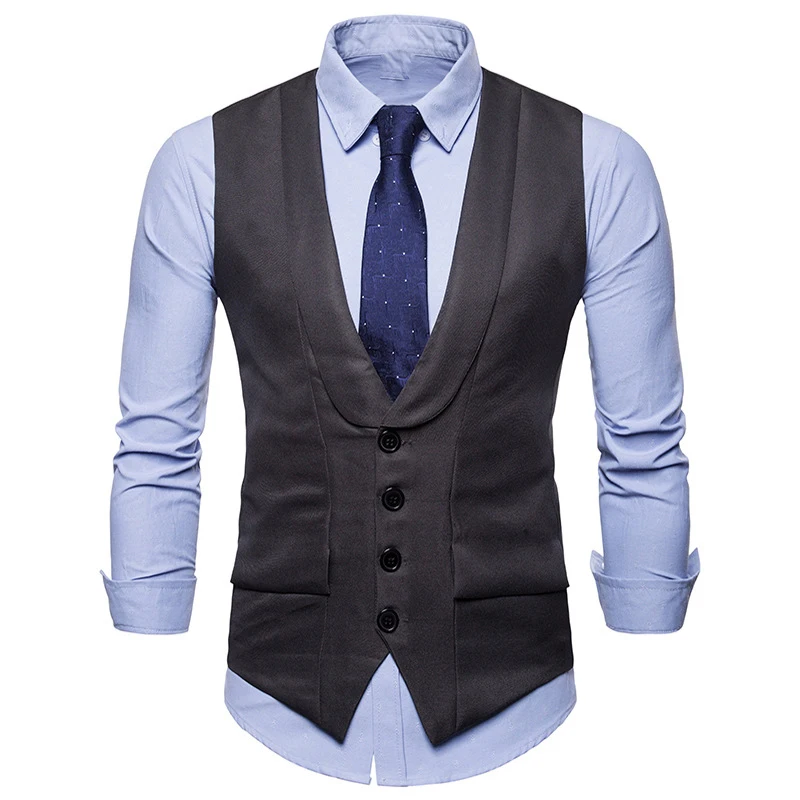 Autumn New Suit Vest Men Single Breasted V Collar Gilet Homme Creative Pocket Wedding Dress