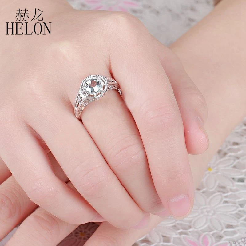 HELON Solid 10 K Solid White Gold винтажный 1930 s 6 мм круглый разрез натуральный легкий синий кольцо с аквамарином арт-деко женские ювелирные украшения