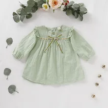 Осеннее милое однотонное платье с принтом, бант для маленьких девочек, Повседневное платье с длинными рукавами нарядное платье принцессы для малышей, сарафан для детей возрастом от 1 года до 4 лет