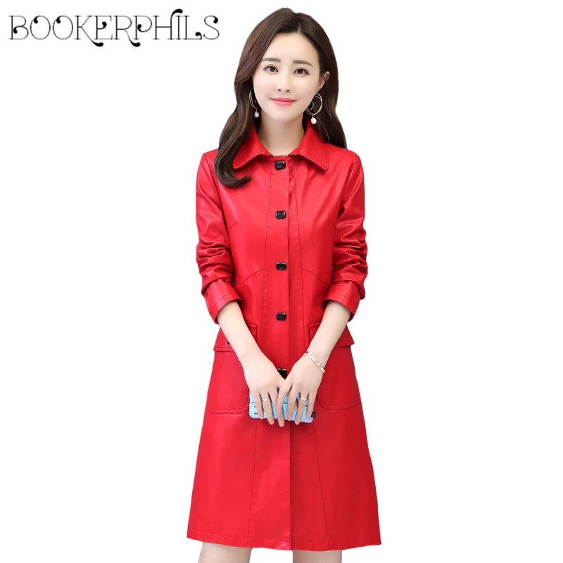 

2019 New Spring Autumn Women Faux Leather Jacket Fashion Slim Plus Size 5XL Soft PU Leather Coat Females Elegant Long Outerwear