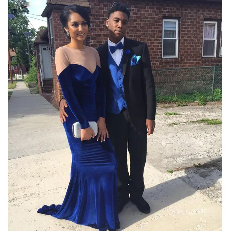 

New Blue Mermaid Prom Dresses 2018 Cheap Satin Formal Evening Party Dress Long Sleeve Gown robe de soiree Z344