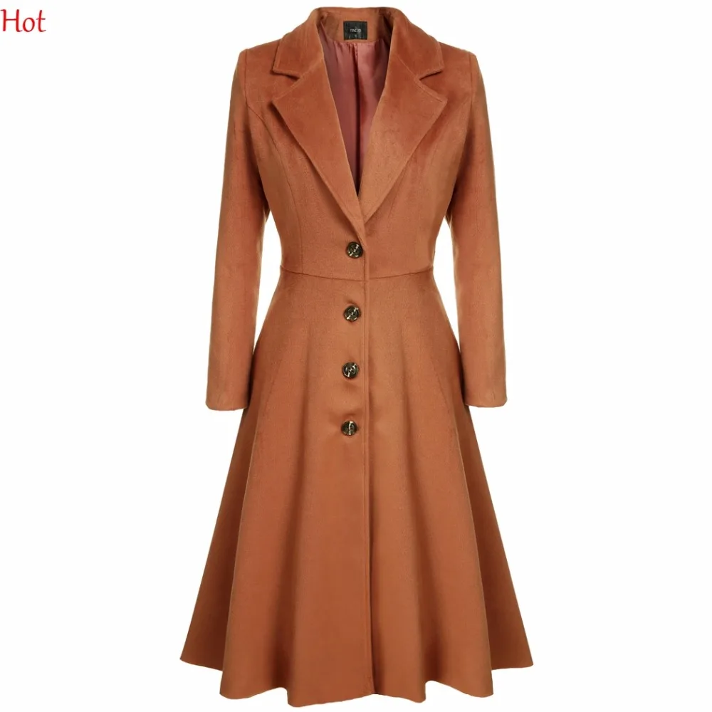 Pleated A line Wool Coat Long Sleeve Plus Women Overcoat Elegant Single