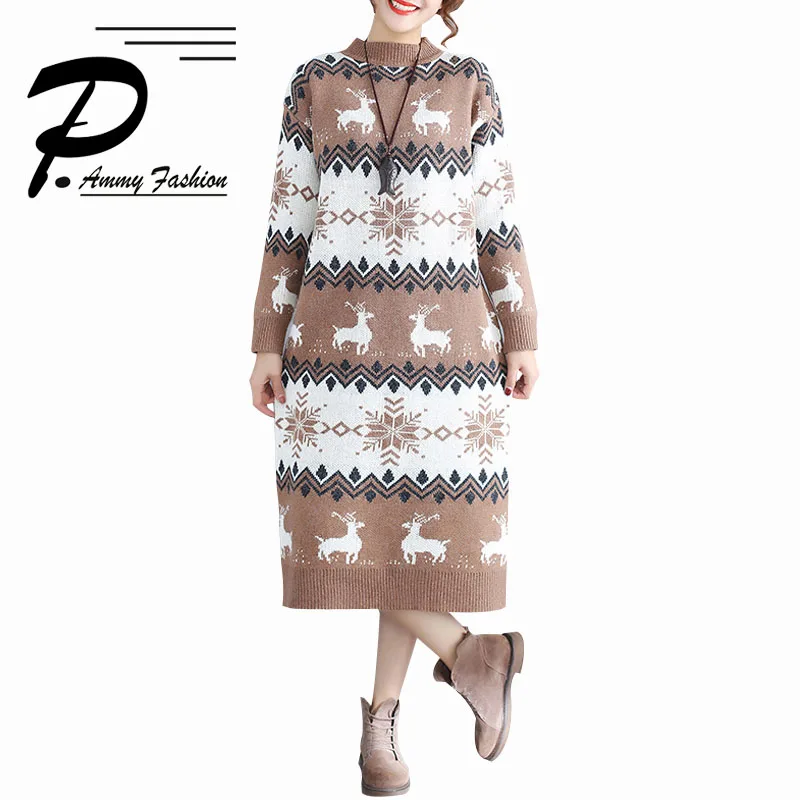 

Plus Size Long Sleeve Christmas Elk Snowflake Long Sweater Dress 2017 Winter Lagenlook Stitching Loose Thickening knitting Tunic