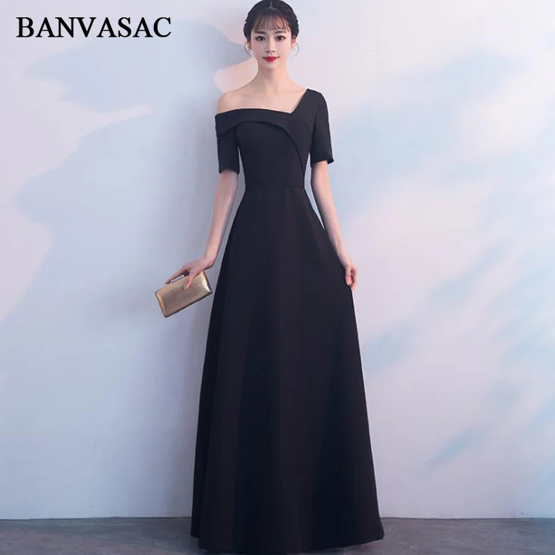 

BANVASAC 2018 One Shoulder Satin A Line Long Evening Dresses Asymmetrical Short Sleeve Zipper Back Party Prom Gowns