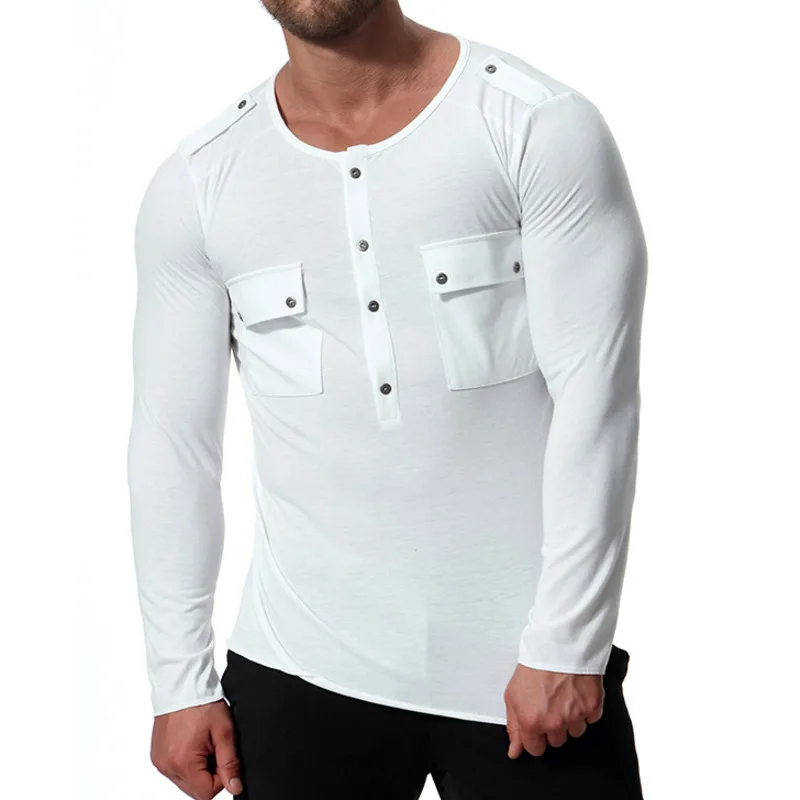 Men's Autumn Long Sleeve Pure White Round Neck Multi Pocket