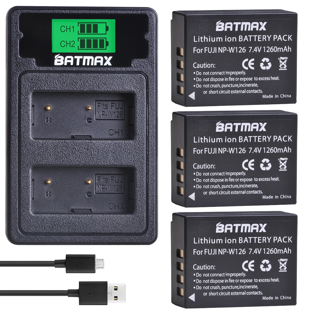 

3PCS NP-W126 Battery+LCD Dual USB Charger&Type C Port for Fujifilm FinePix HS30EXR HS33EXR X-Pro1 X-E1 X-E2 X-M1 X-A1 X-A2 X-T1