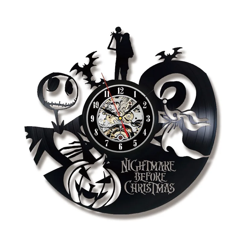 Nightmare Before Christmas Theme CD Record LED Clock 3D Classic Mute Hanging Wall Clock Creative Antique Style Halloween Clock