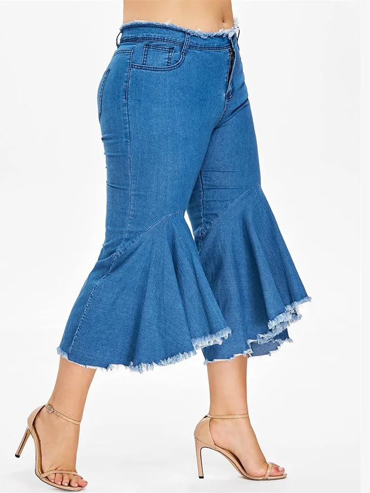 Wipalo, женские джинсы с оборками, плюс размер, 5XL, шорты, одноцветные, средняя талия, до середины икры, широкие, шорты,, женские, летние, повседневные, джинсовые шорты - Цвет: Cobalt Blue