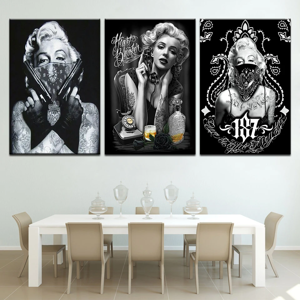 

Tattoo Sexy Marilyn Monroe Art Prints Black White Art Poster Portrait Canvas Wall Pictures 3 panel for Home restaurant Decors