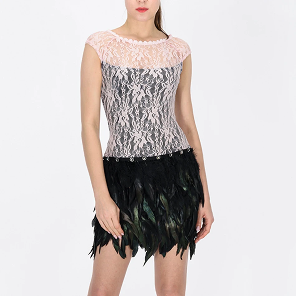 N222 Pink lace black feather dress-1