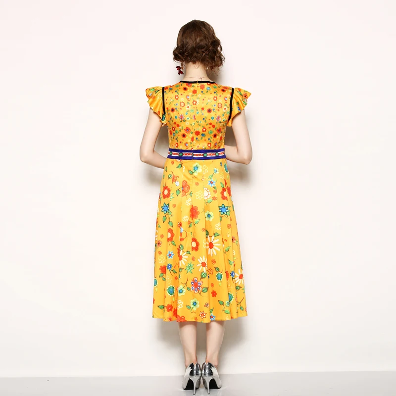 LUKAXSIKAX Мода Для женщин летнее платье Высокое качество цветы мультфильм печати желтый взлетно-посадочной полосы платье элегантный тонкий длинное платье