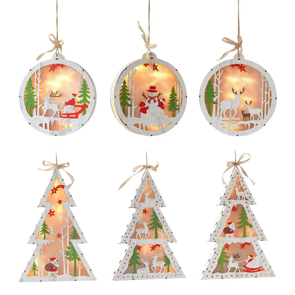 

Wooden Glowing Luminous Christmas Tree Lights Decor Christmas Tree Elk Five-Pointed Star Snowman Pattern Ornament Christmas Gift