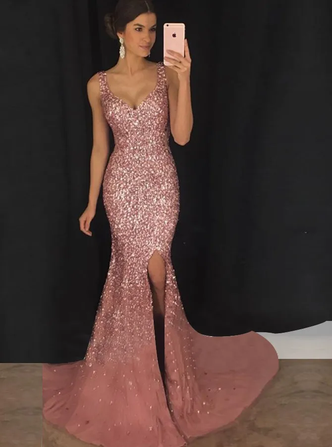 Summer Dress Women Sequin Prom Party Sexy Gold Evening Party High Waist V Neck Long Bodycon Split Dress For Female