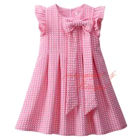 2016 New Sweet A-line Short Sleeve Children Pink Dot Girls Summer Dresses With Bow For Spring Girls Cheap Outfits