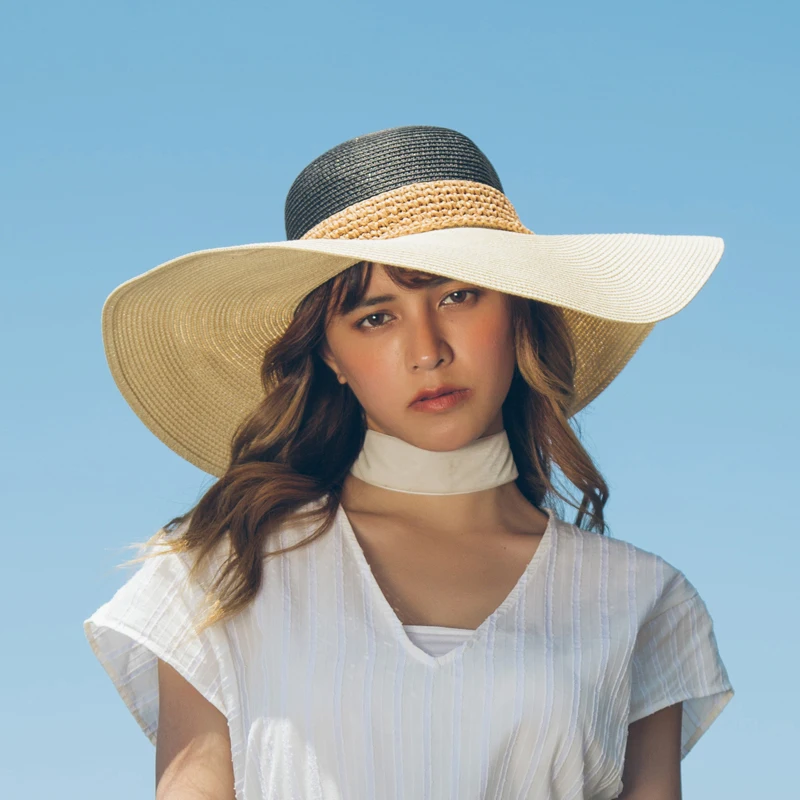 dropshipping Summer New Fashion Color Block Women Sun Hats Large Brim