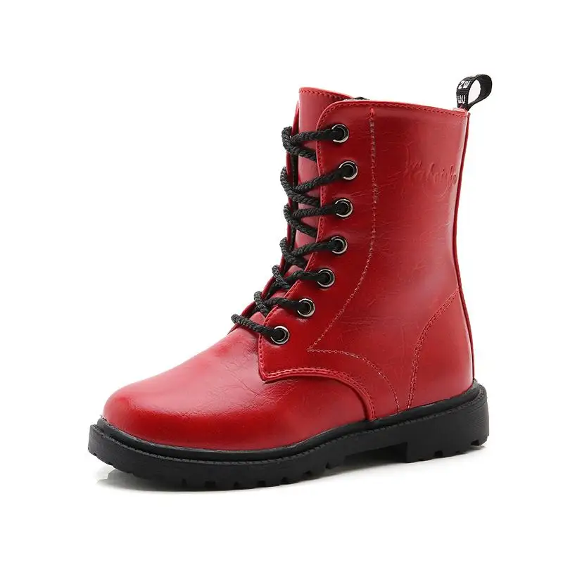 Осенне-зимние детские ботинки из искусственной кожи; обувь для мальчиков; модные зимние ботинки до середины голени; Плюшевые Теплые водонепроницаемые детские ботинки martin - Цвет: Red