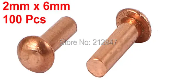 2mm x 6mm Round Shaft Copper Solid Rivets  Fasteners Gold Tone   7.5mm Length 100 Pcs