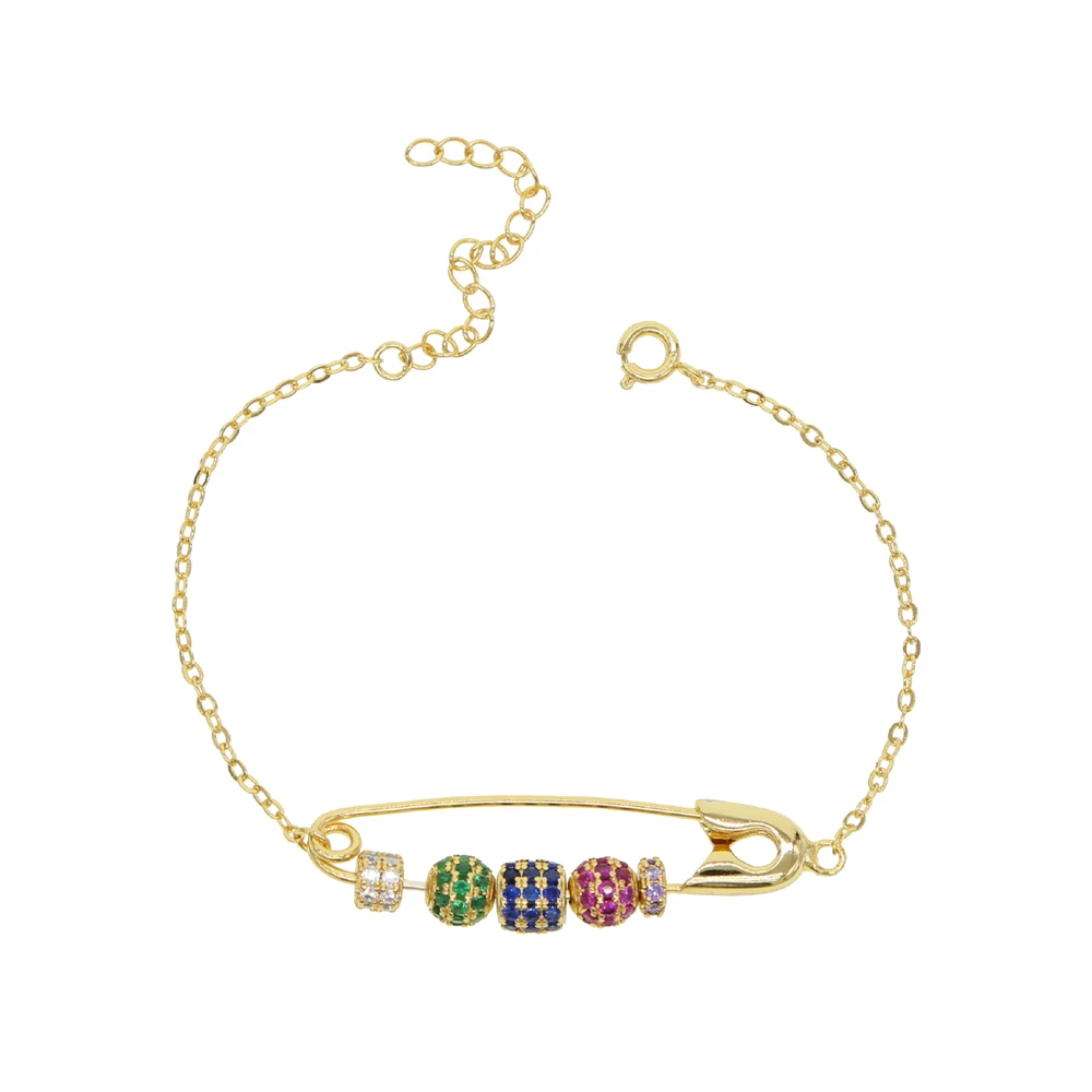 

Shiny Colorful cz paved charm bead moving safety pin bracelet Gold filled gorgeous women rainbow cz bracelet wedding jewelry