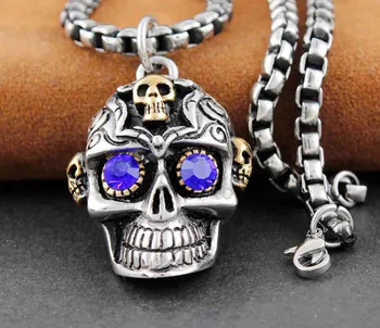 

Skull Head w/ Blue CZ Eyes Men's Punk Rock Pendant Necklace