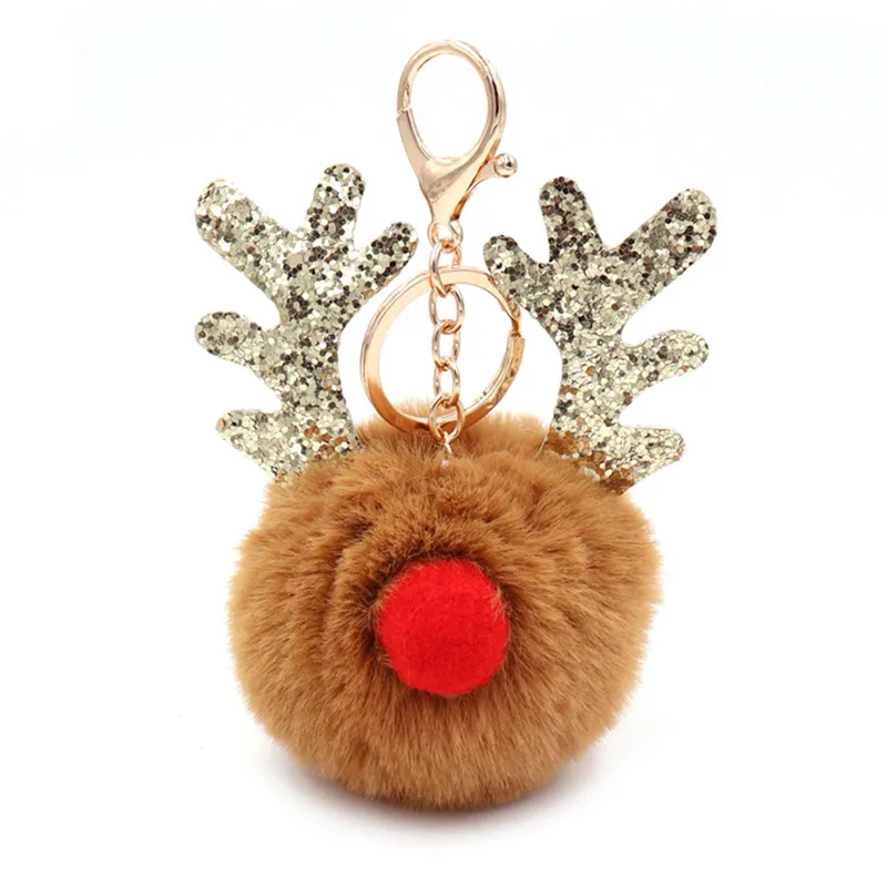 Elk Fake Rabbit Fur Ball KeyChain Pompom Gold Key Chain Key Rings Angel Girl Pompon Women Bag Charms Jewelry NEW