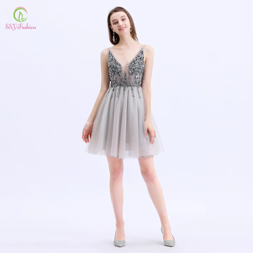 

SSYFashion New Short Cocktail Dresses Women Luxury Sequins Beading V-neck Sexy Mini Formal Party Gowns Vestido De Noche Custom