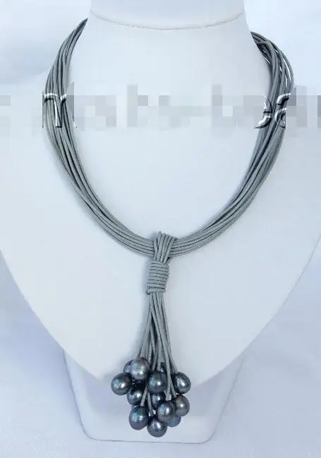 

Free shipping hot sale Women Bridal Wedding Jewelry >>stunning 15strands 13mm baroque black freshwater pearl leather necklace