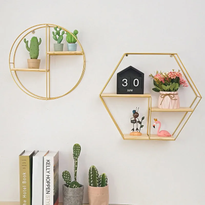 

Nordic Iron Hexagonal Grid Wall Storage rack Shelf Wall Hanging Geometric Figure Wall Decoration Living Room decorative shelf