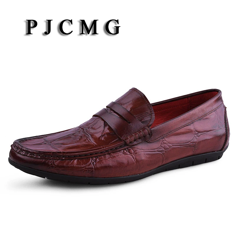 

PJCMG Spring/Autumn Black/Red/Blue Slip-On Crocodile Style Casual Men Genuine Leather Moccasins Loafers Men Driving Shoes