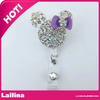 

Clear Rhinestone Purple Bow Minnie Mouse Head Retractable White ID Badge Holder