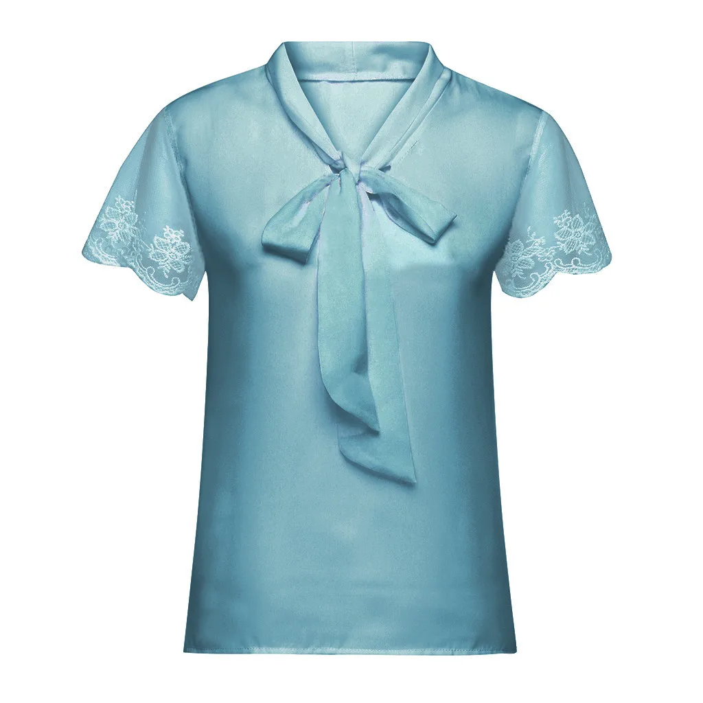 Женская блузка, летняя, для работы, офиса, кружевной топ, галстук-бабочка, короткий рукав, шифоновая рубашка, блузка, Chemisier Femme, Женские топы и блузки - Цвет: Blue
